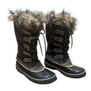 SOREL Waterproof Winter Faux Fur Suede Black/Gray Lace-up Boots Sz 7.5